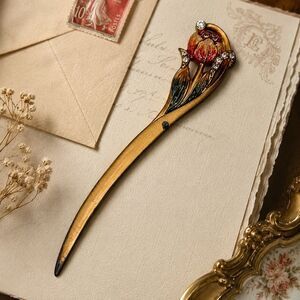 Vintage Olivia & Gracie Tulip Letter Opener Enamel Rhinestone Gold Floral 7.5"